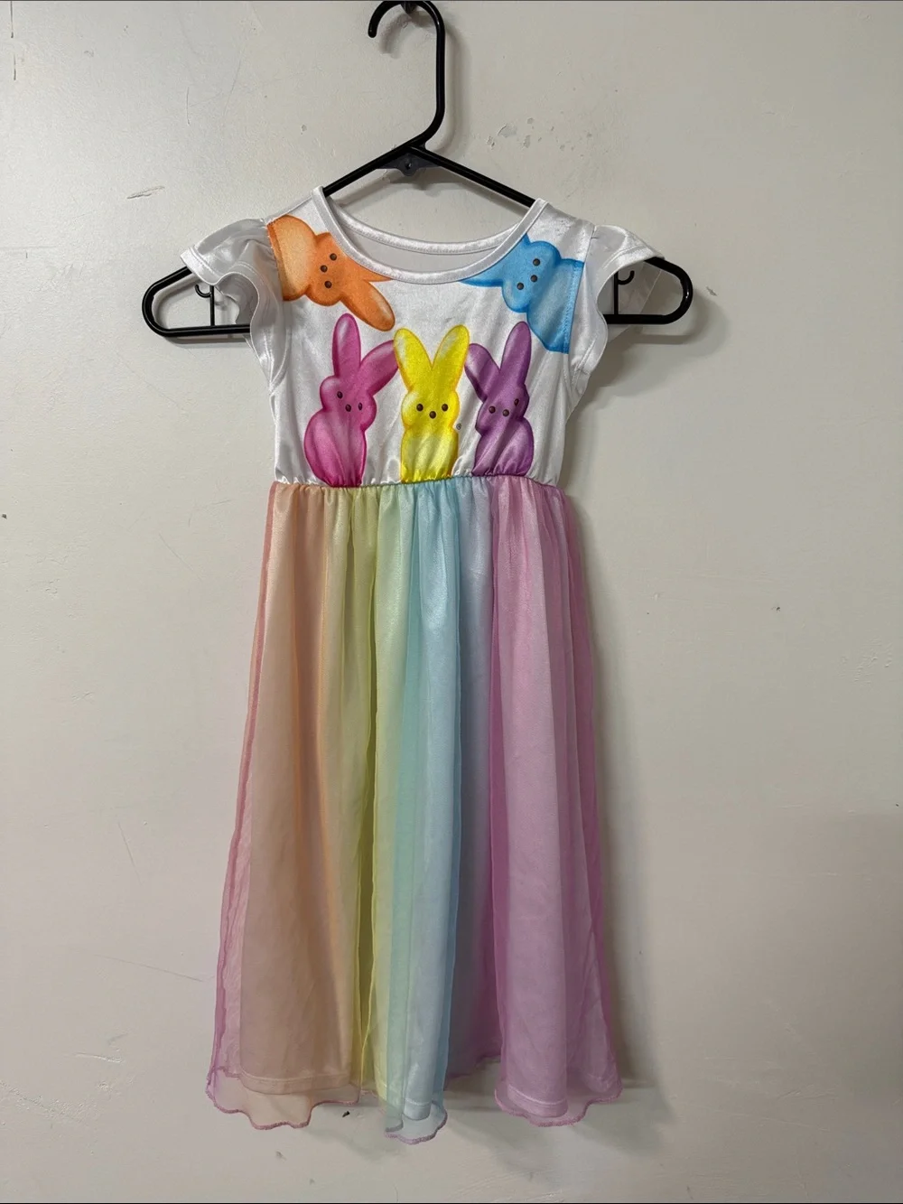 Rainbow Peep Bunny Nightgown for Kids - White Top with Pastel Rainbow Skirt